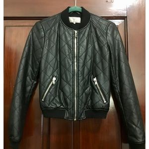 Zara Black Leather Quilted Bomber Jacket